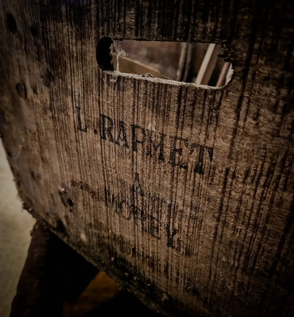An old barrel stencilled L. Raphet, Morey